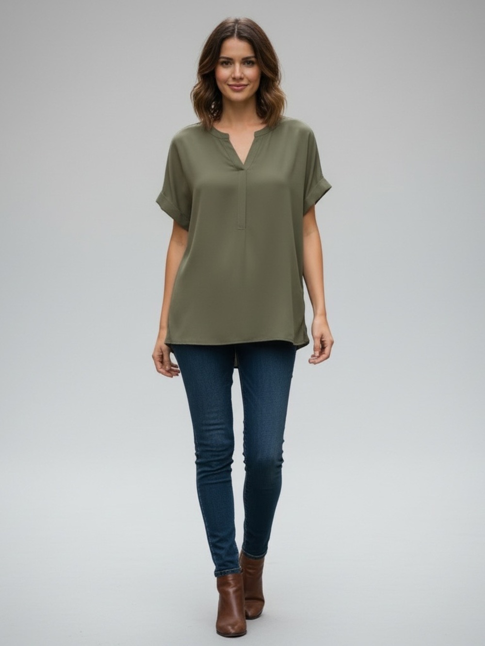 Marc New York | Green ruched side short sleeve loose fit blouse size lar…